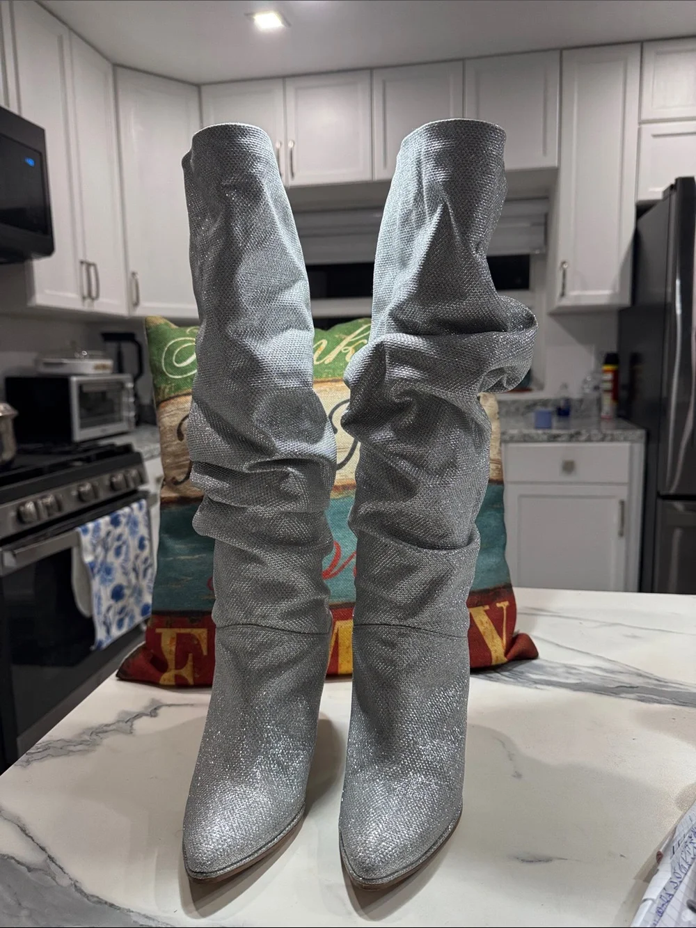 Stuart Weitzman Silver Over-the-Knee Glitter Slouch Boots